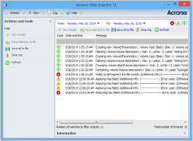 Showing the log area in Acronis Disk Director